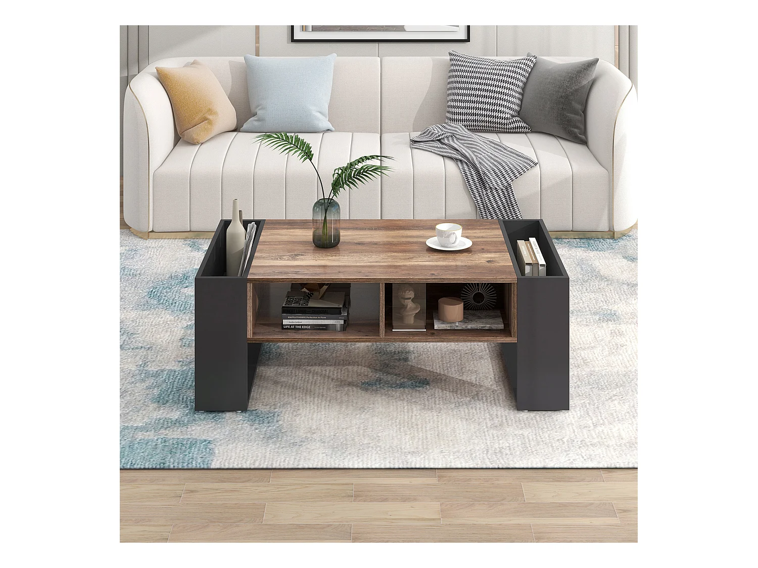 Mesa de centro com compartimentos de armazenamento de dupla face, mesa de sofá para sala de estar, madeira + preto e cinza