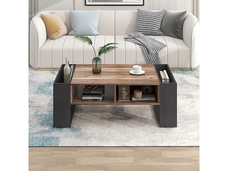 Mesa de centro com compartimentos de armazenamento de dupla face, mesa de sofá para sala de estar, madeira + preto e cinza
