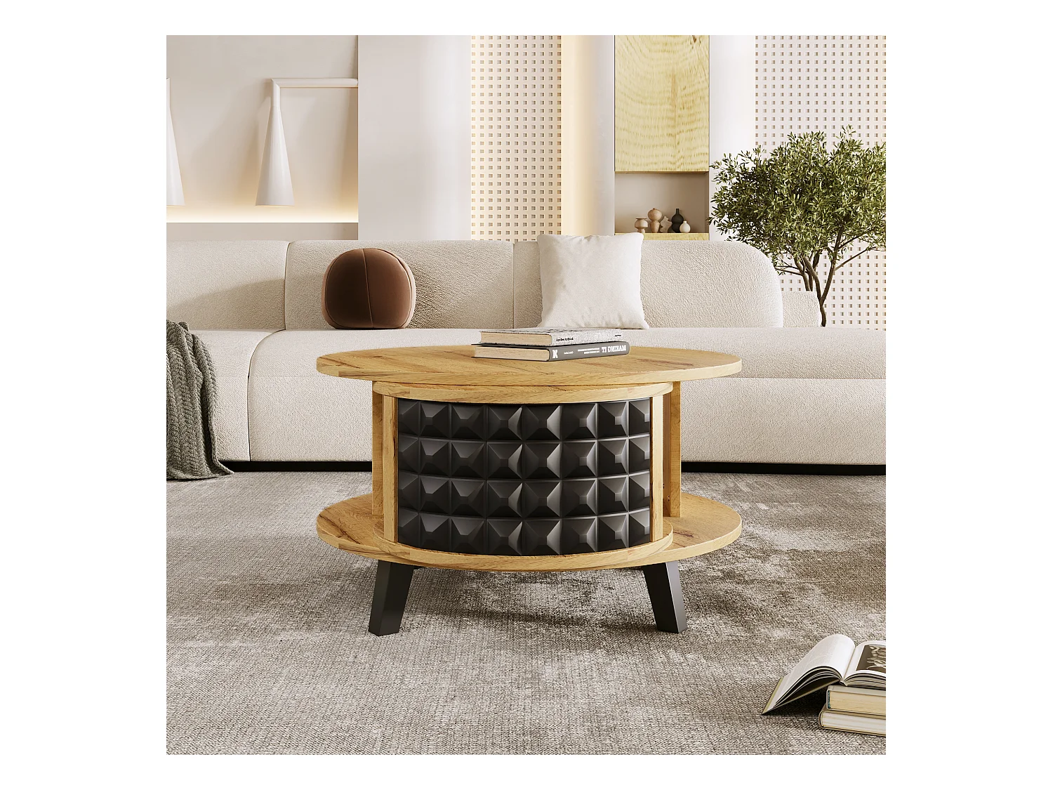 Table Basse Ronde en Bois Massif, Table D'appoint avec Rangement Interne Caché, Bois Et Noir