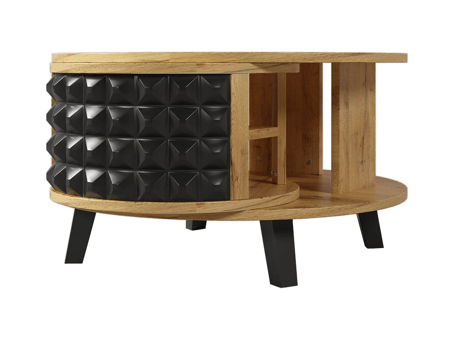 Table Basse Ronde en Bois Massif, Table D'appoint avec Rangement Interne Caché, Bois Et Noir