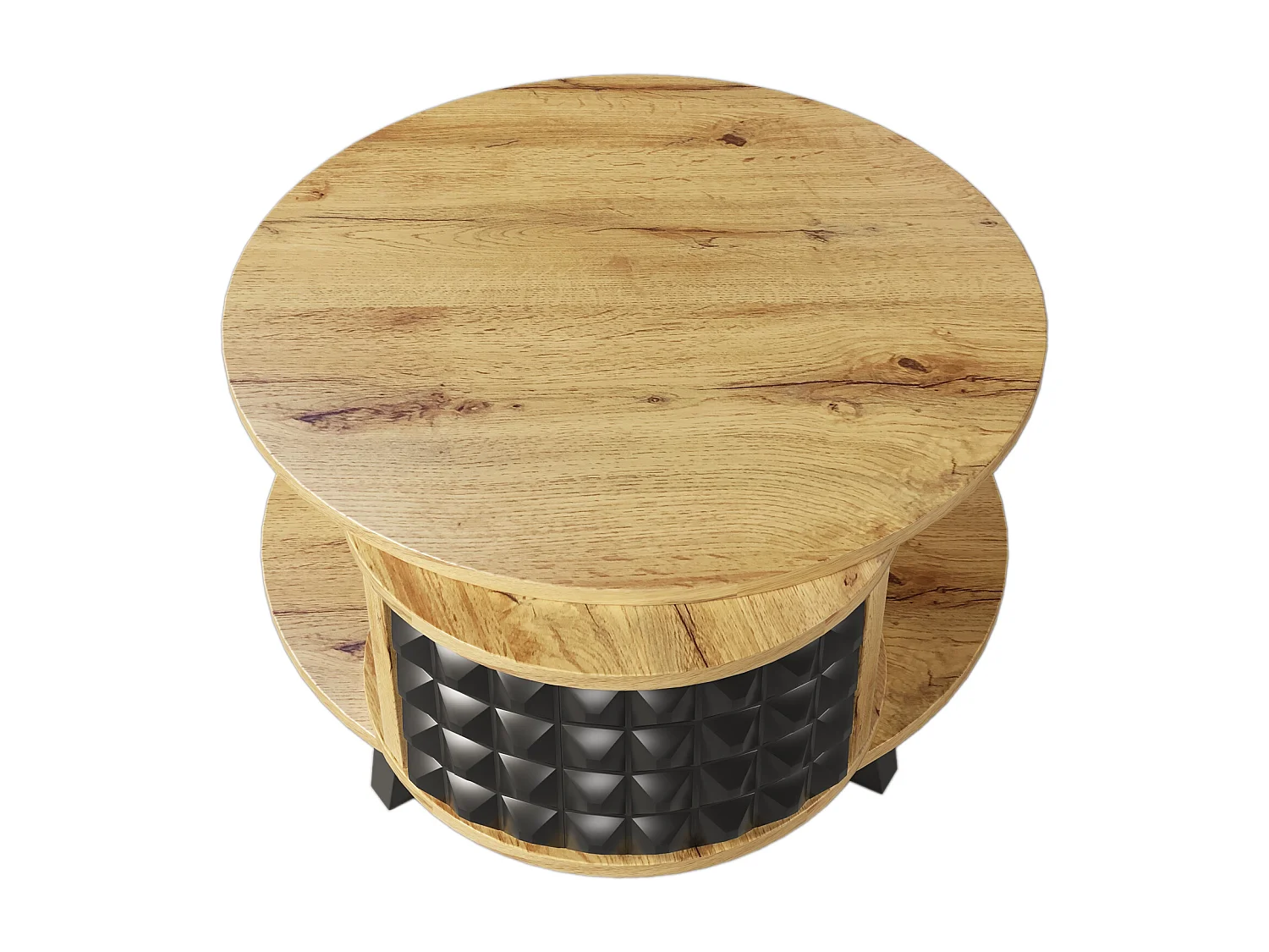 Table Basse Ronde en Bois Massif, Table D'appoint avec Rangement Interne Caché, Bois Et Noir