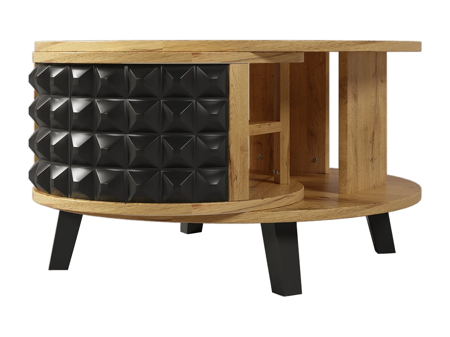 Table Basse Ronde en Bois Massif, Table D'appoint avec Rangement Interne Caché, Bois Et Noir