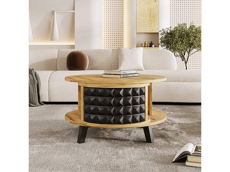 Mesa de centro redonda de madera maciza, mesa auxiliar con almacenamiento interno oculto, madera y negro
