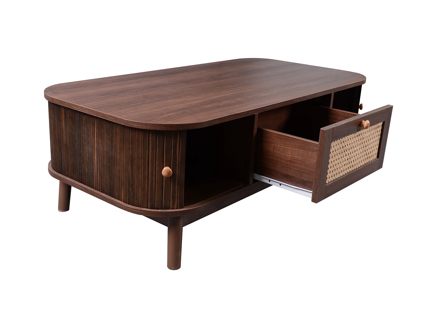 Mesa de centro com gavetas e portas de correr, mesa de sala de estar com espaços de armazenamento, marrom