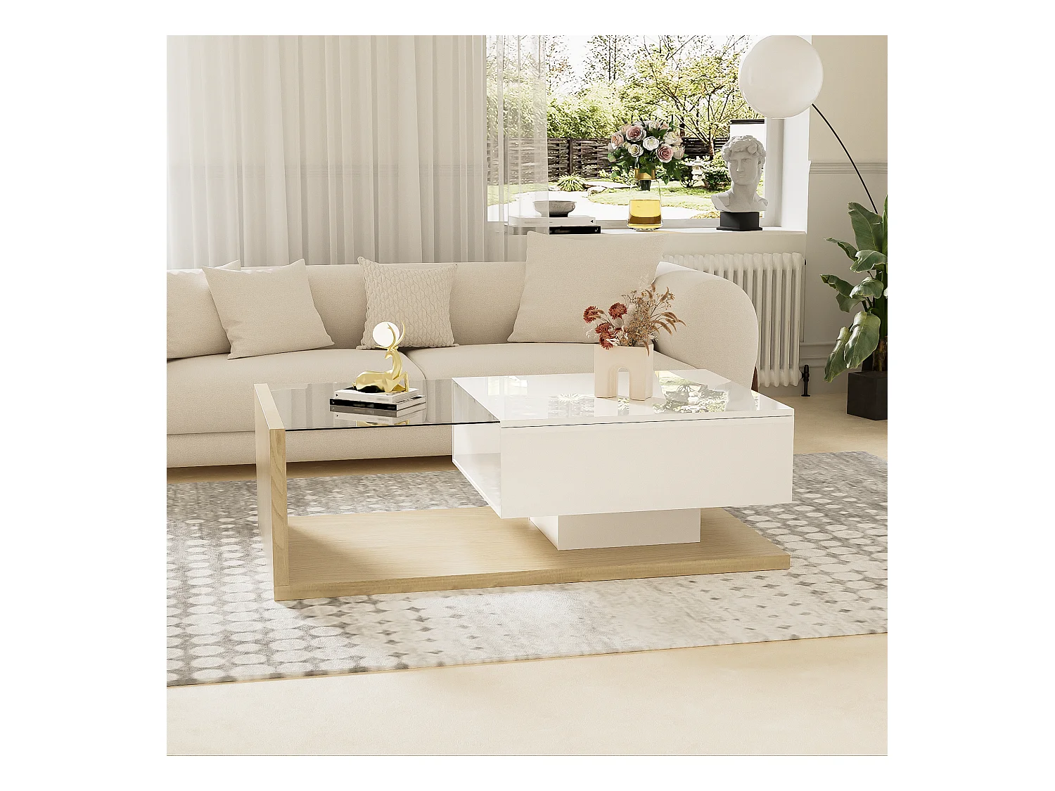 Mesa de centro moderna con 1 cajón y LED, mesa de salón con tapa de cristal, color madera