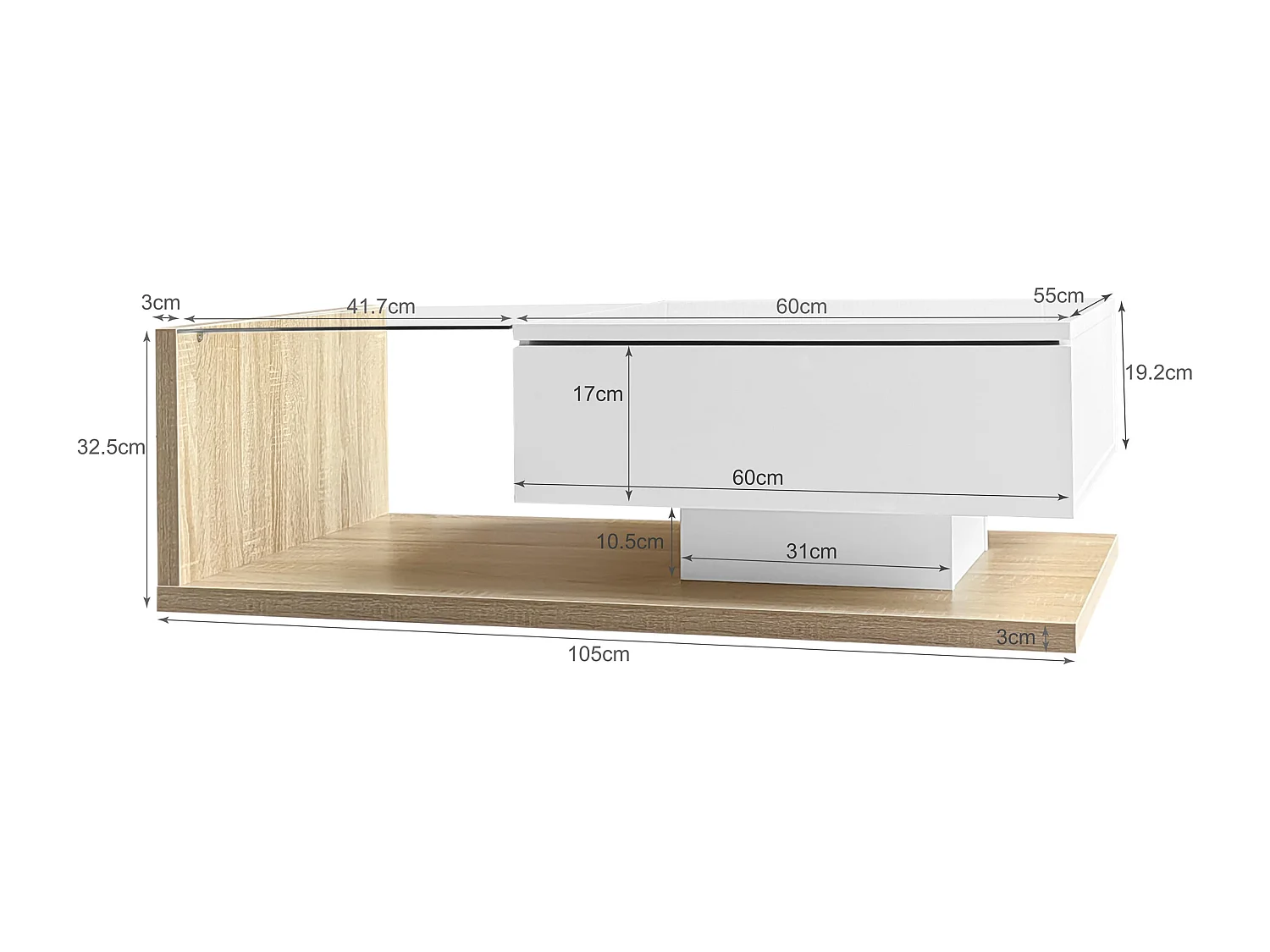 Moderne salontafel voor de woonkamer met 1 lade en ledverlichting, glazen blad en houtkleur.