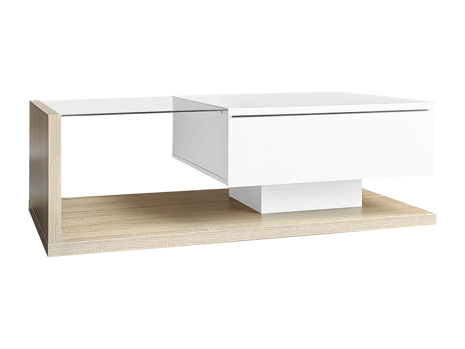 Moderne salontafel voor de woonkamer met 1 lade en ledverlichting, glazen blad en houtkleur.