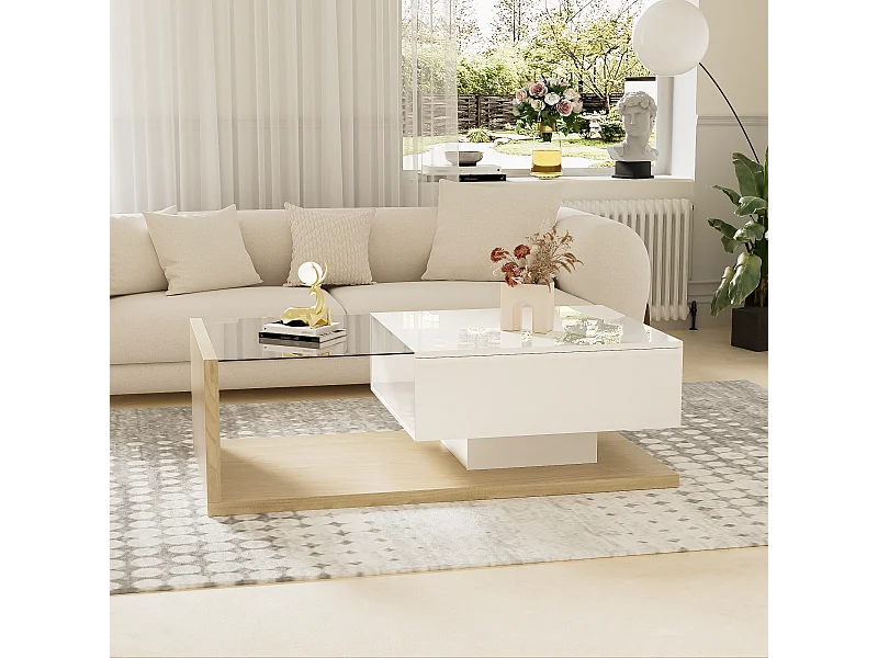 Moderne salontafel voor de woonkamer met 1 lade en ledverlichting, glazen blad en houtkleur.