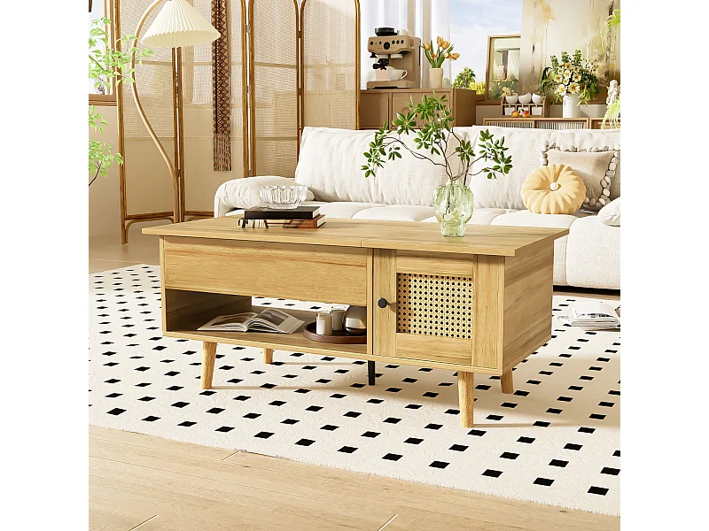 Mesa de centro regulable en altura - Compartimento de almacenamiento oculto - Con tapa abatible - Madera