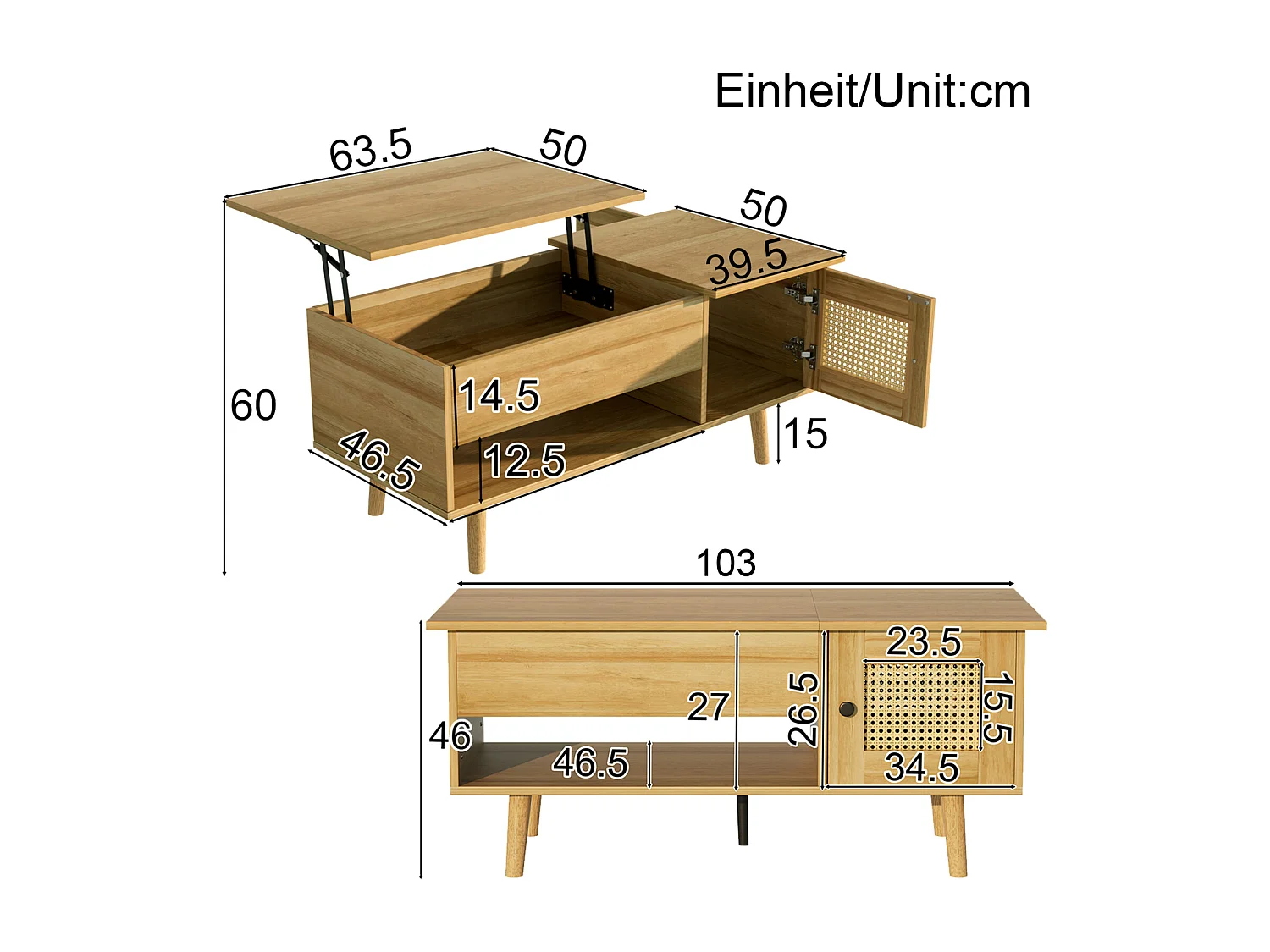Mesa de centro regulable en altura - Compartimento de almacenamiento oculto - Con tapa abatible - Madera