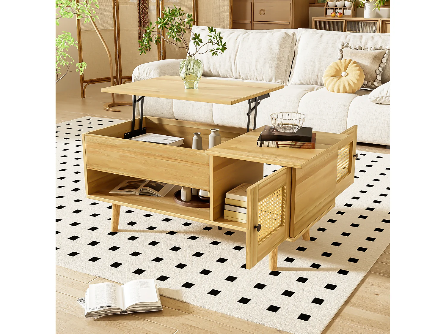 Mesa de centro regulable en altura - Compartimento de almacenamiento oculto - Con tapa abatible - Madera