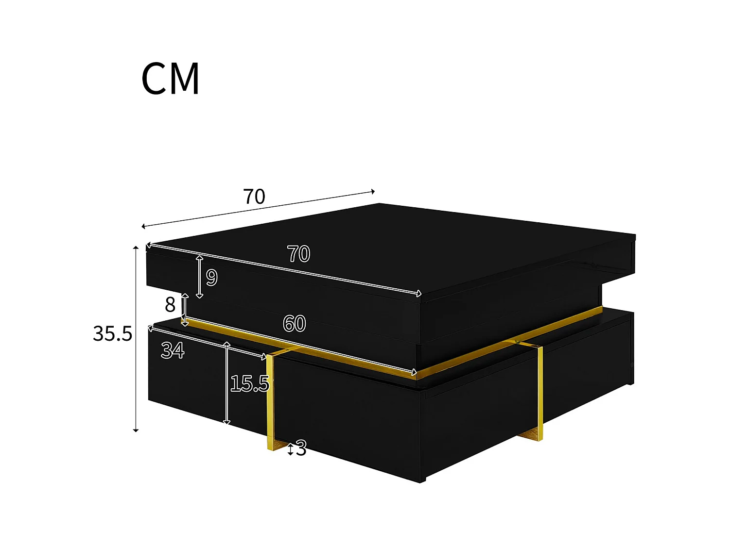 Mesa de centro cuadrada negra y dorada, mesa de centro para sala de estar con 2 cajones, con líneas doradas en la parte inferior