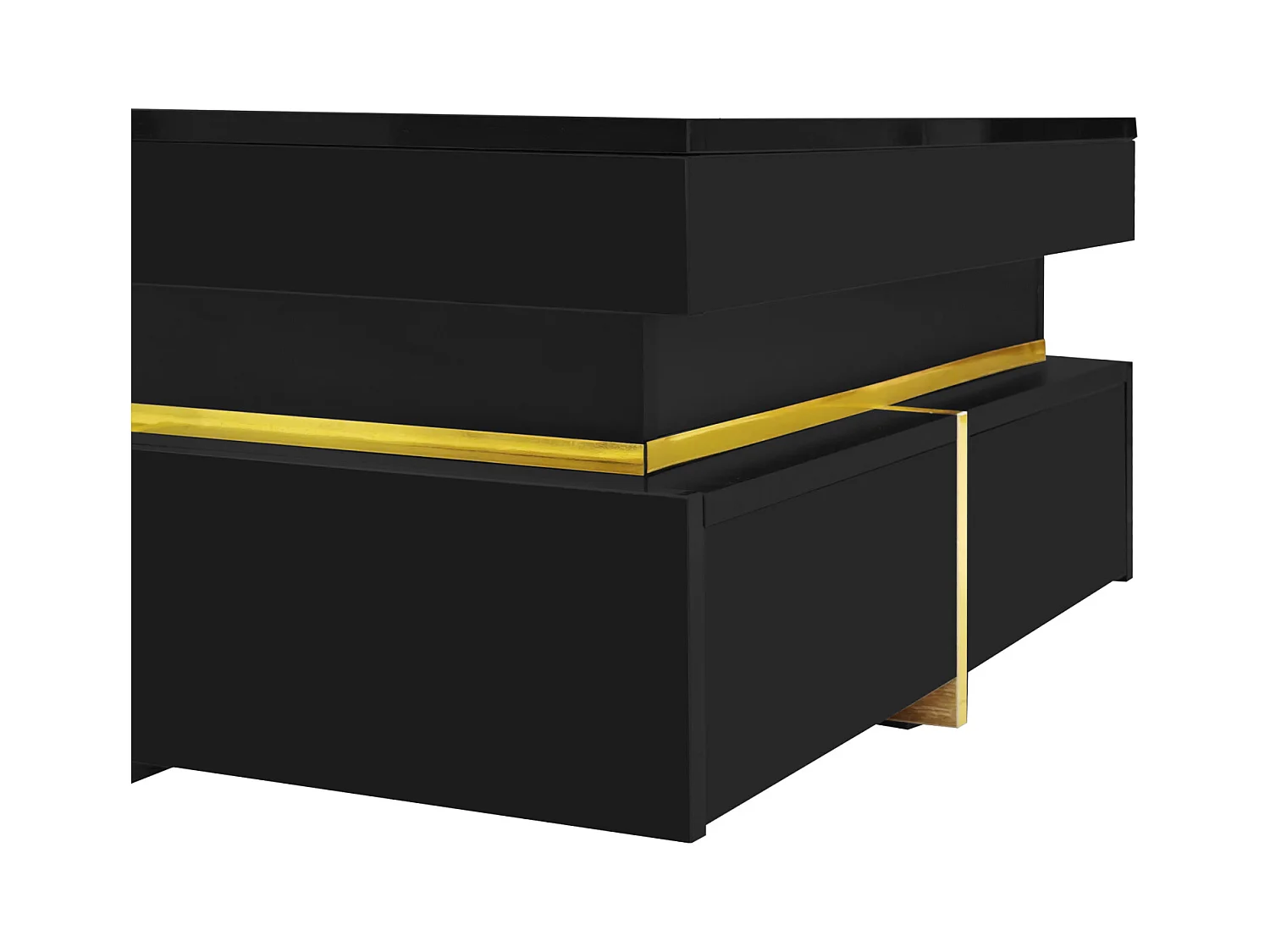 Mesa de centro cuadrada negra y dorada, mesa de centro para sala de estar con 2 cajones, con líneas doradas en la parte inferior