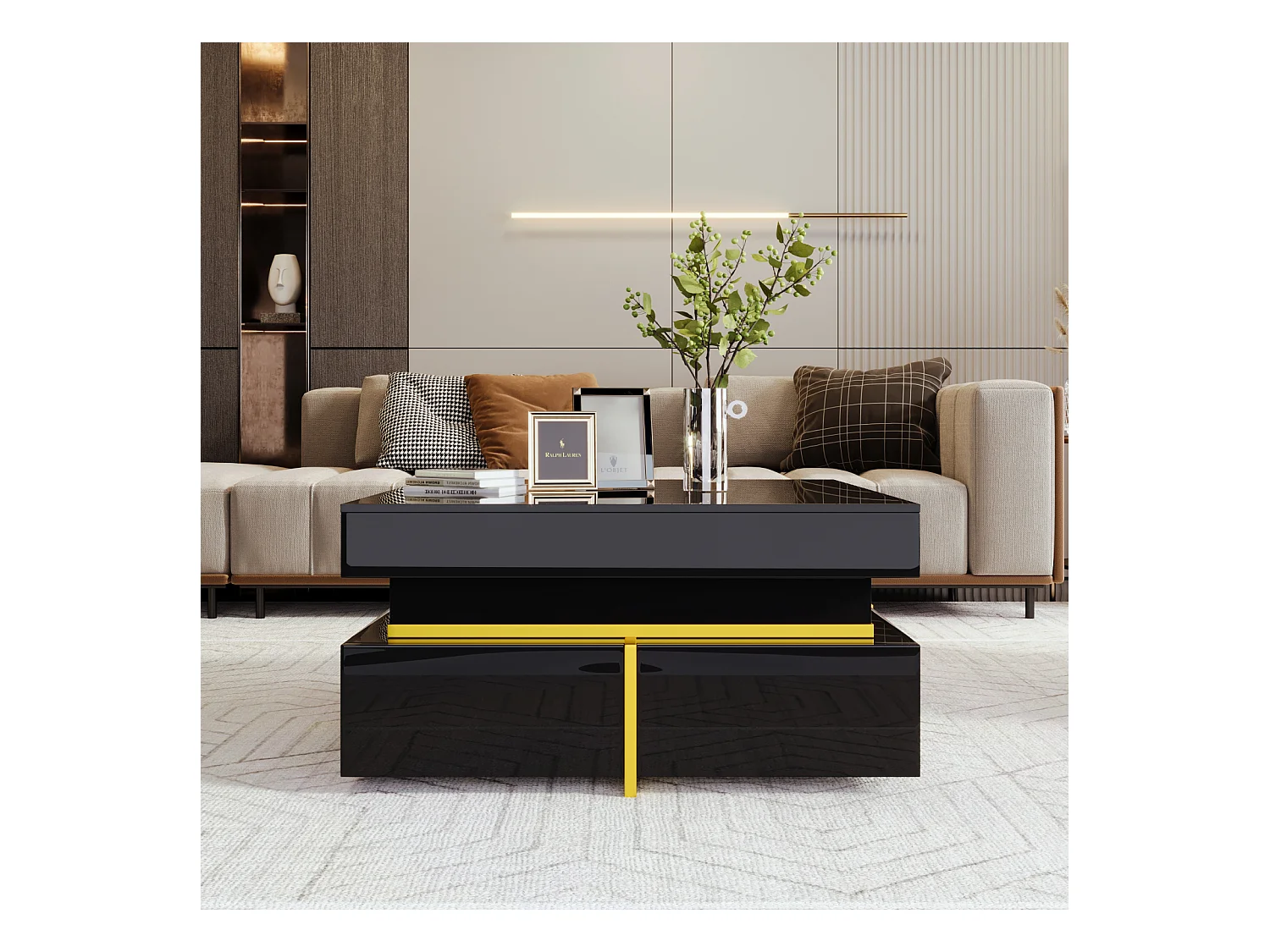 Table Basse Carrée Noire et Or, Table Basse de Salon avec 2 Tiroirs, avec des Lignes Dorées en Bas