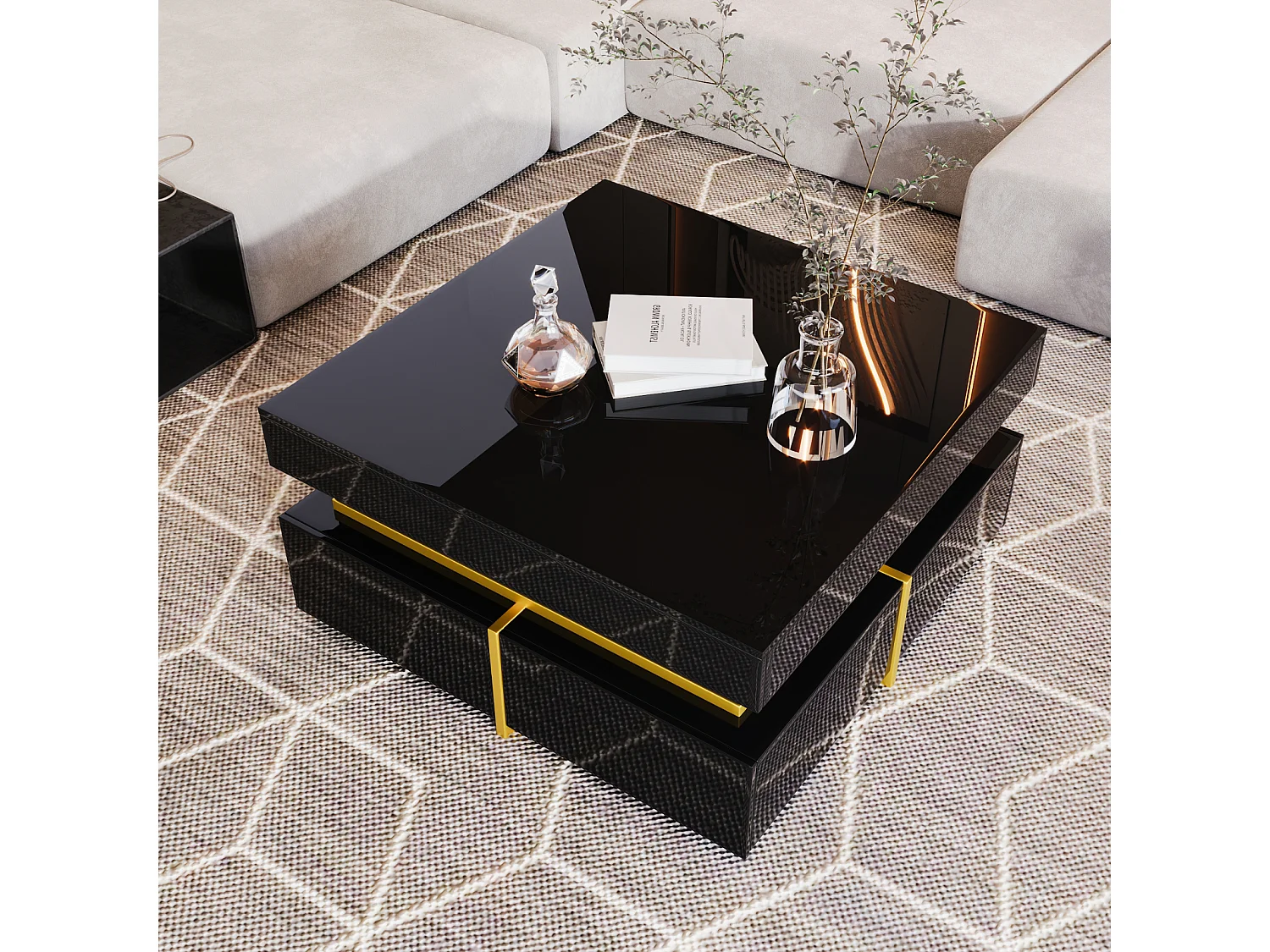 Table Basse Carrée Noire et Or, Table Basse de Salon avec 2 Tiroirs, avec des Lignes Dorées en Bas