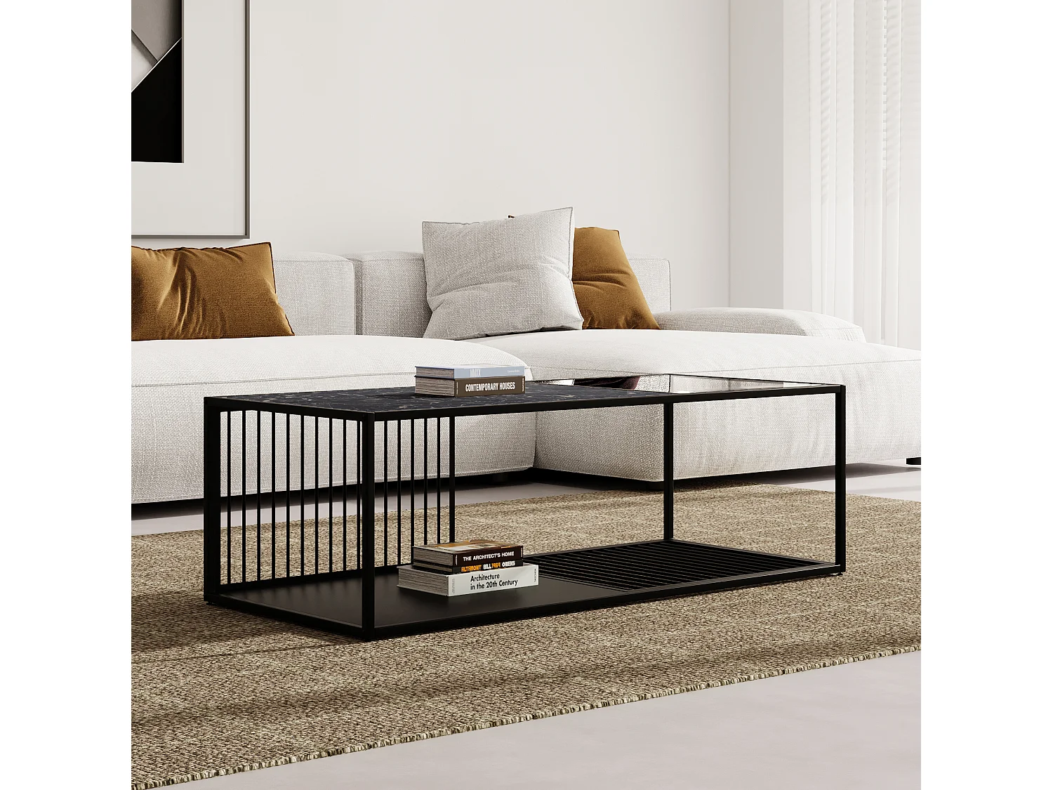 Table Basse, Table Basse en Fer forgé avec Verre, Grand Espace de Rangement, marbre noir