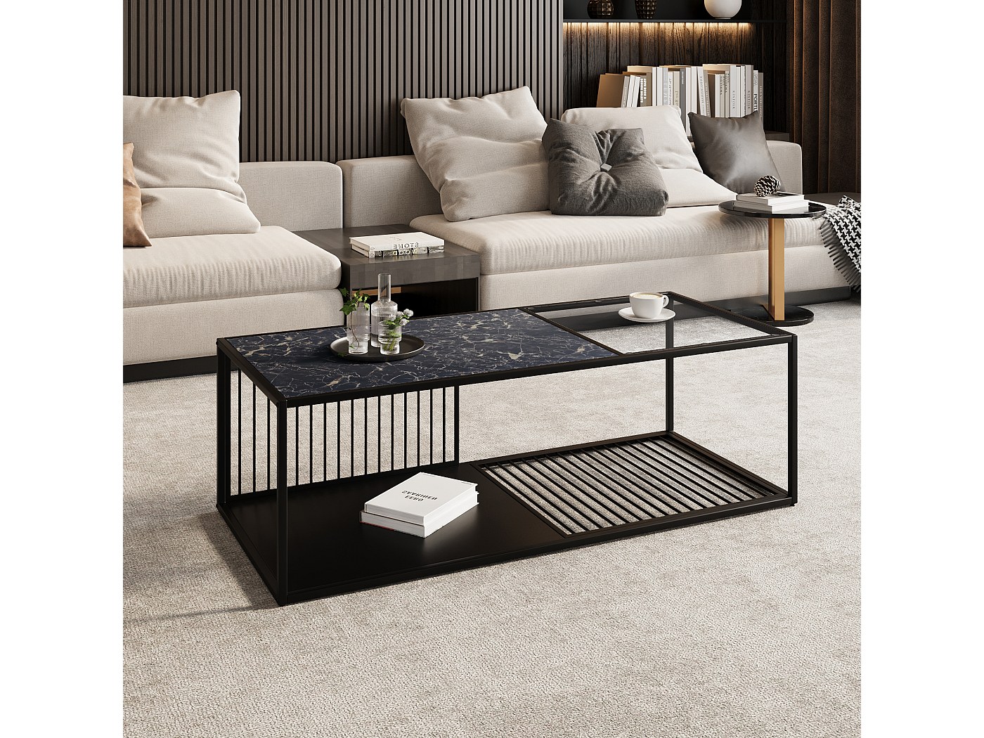Table Basse, Table Basse En Fer Forgé Avec Verre, Grand Espace De Rangement Marbre Noir