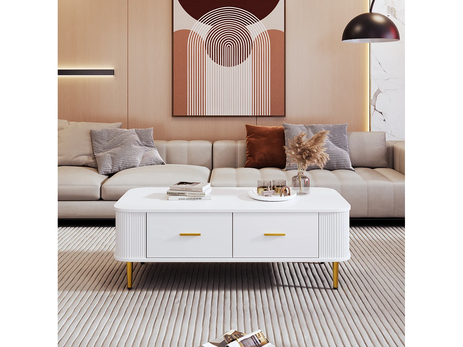 Mesa de centro de madera con 4 cajones, esquinas redondeadas, tiradores y patas dorados, color blanco