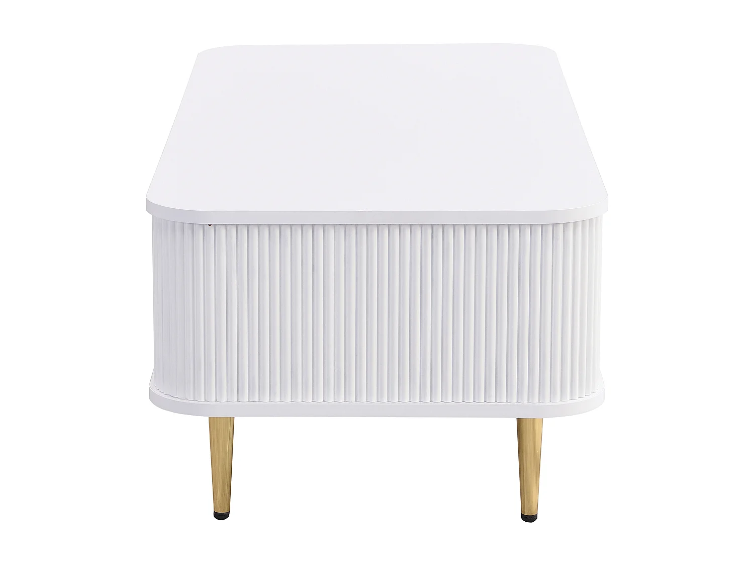 Mesa de centro de madera con 4 cajones, esquinas redondeadas, tiradores y patas dorados, color blanco