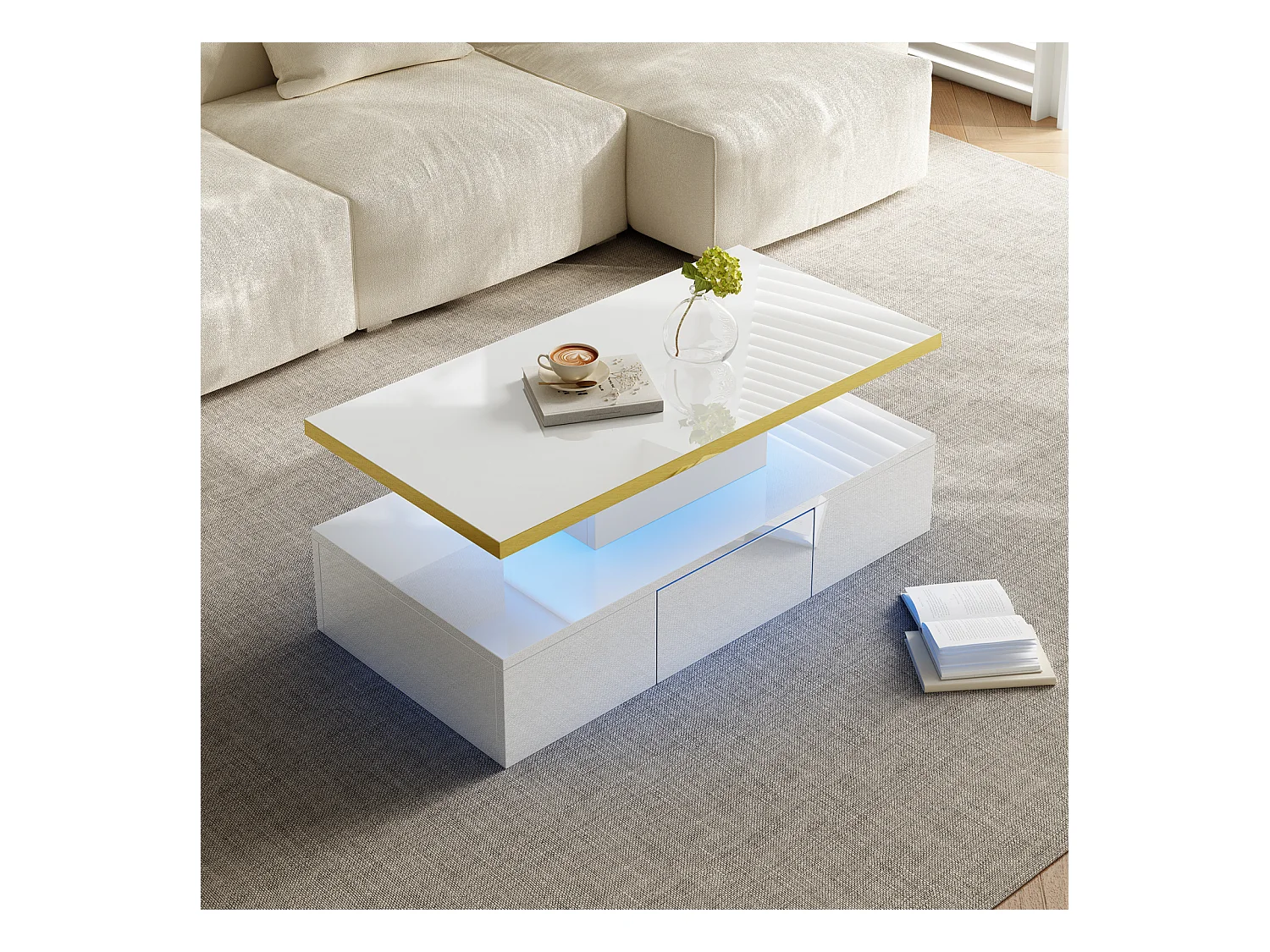 Table Basse avec éclairage LED , Table avec tiroirs, Table d'appoint avec Deux étagères , Blanc