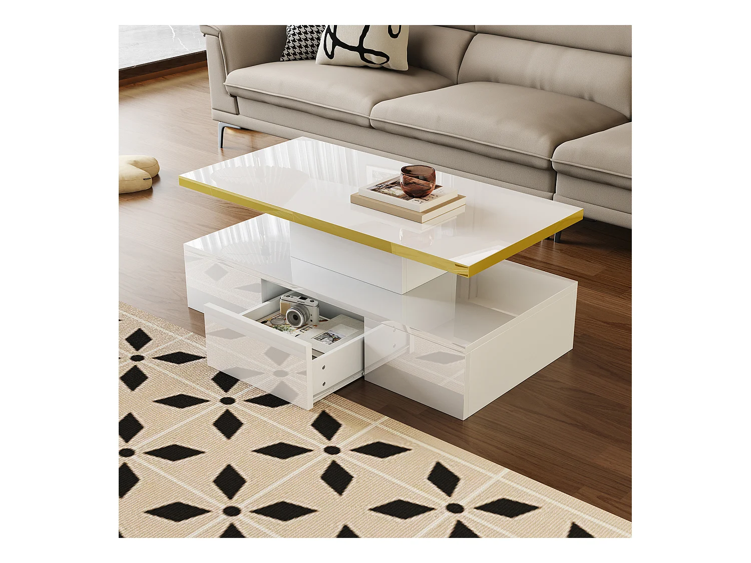 Table Basse avec éclairage LED , Table avec tiroirs, Table d'appoint avec Deux étagères , Blanc