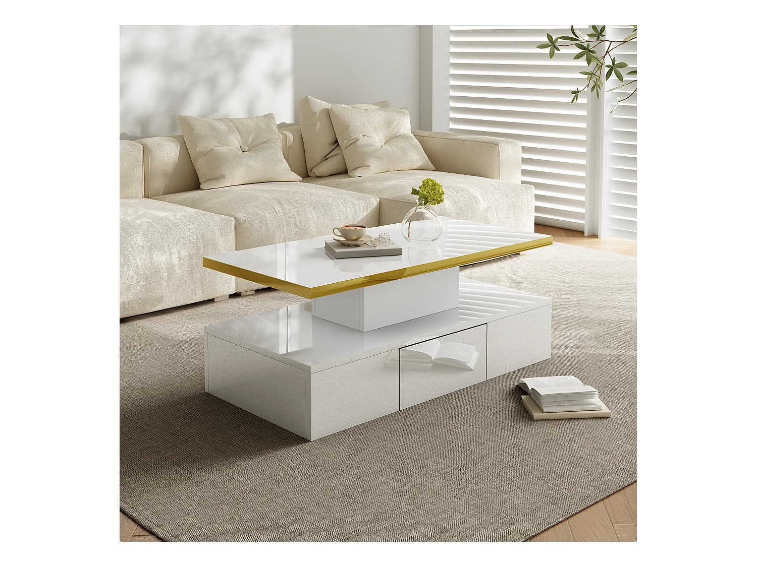 Mesa de centro con iluminación LED, mesa con cajones, mesa auxiliar con dos estantes, color blanco