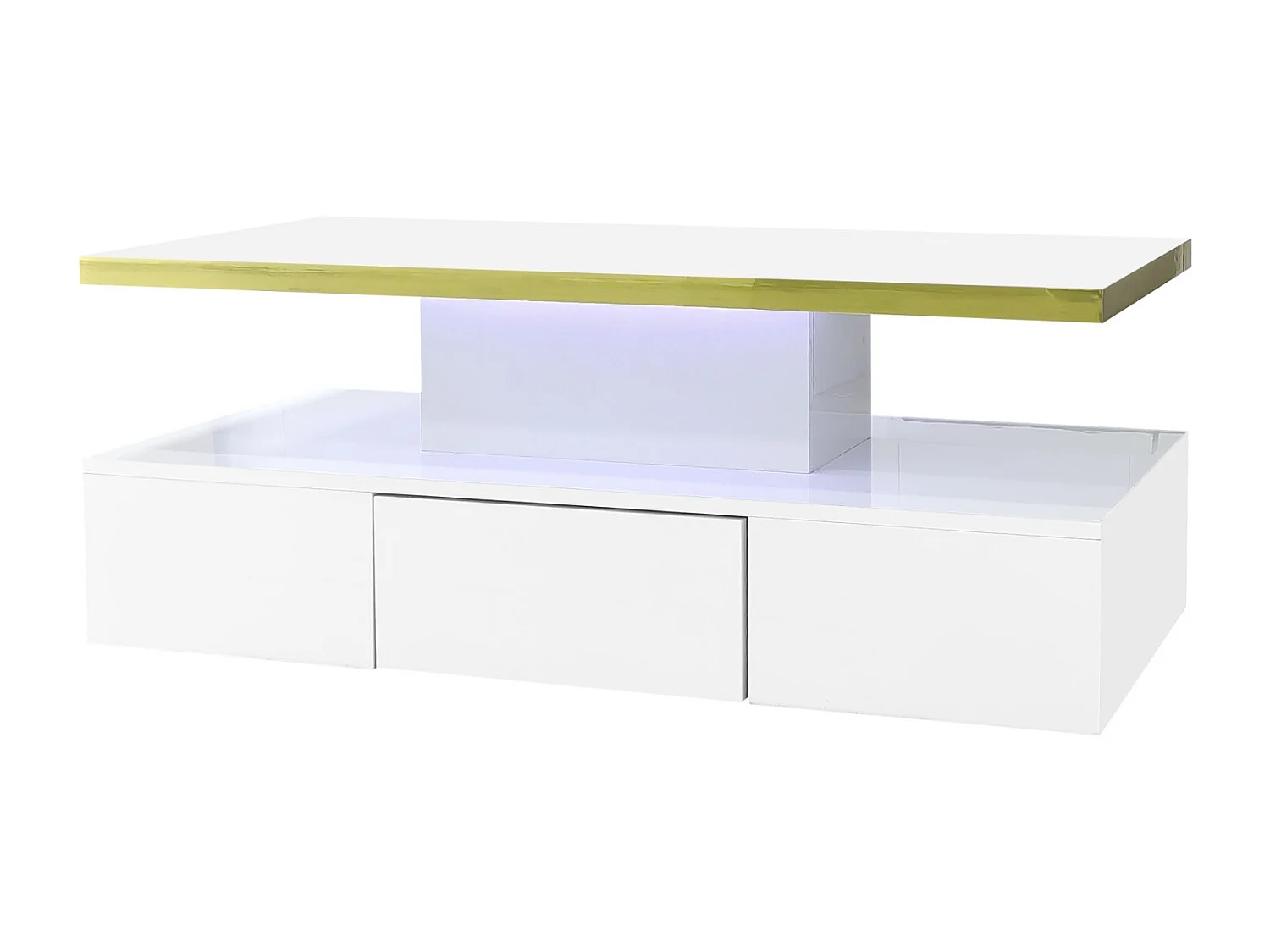 Mesa de centro con iluminación LED, mesa con cajones, mesa auxiliar con dos estantes, color blanco