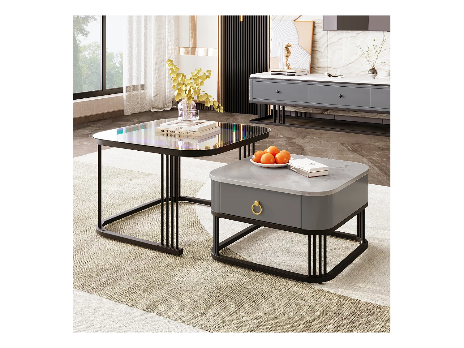 Lot de 2 Tables Basses gigognes, Table Basse en marbre avec Plateau en Verre et tiroir, girs