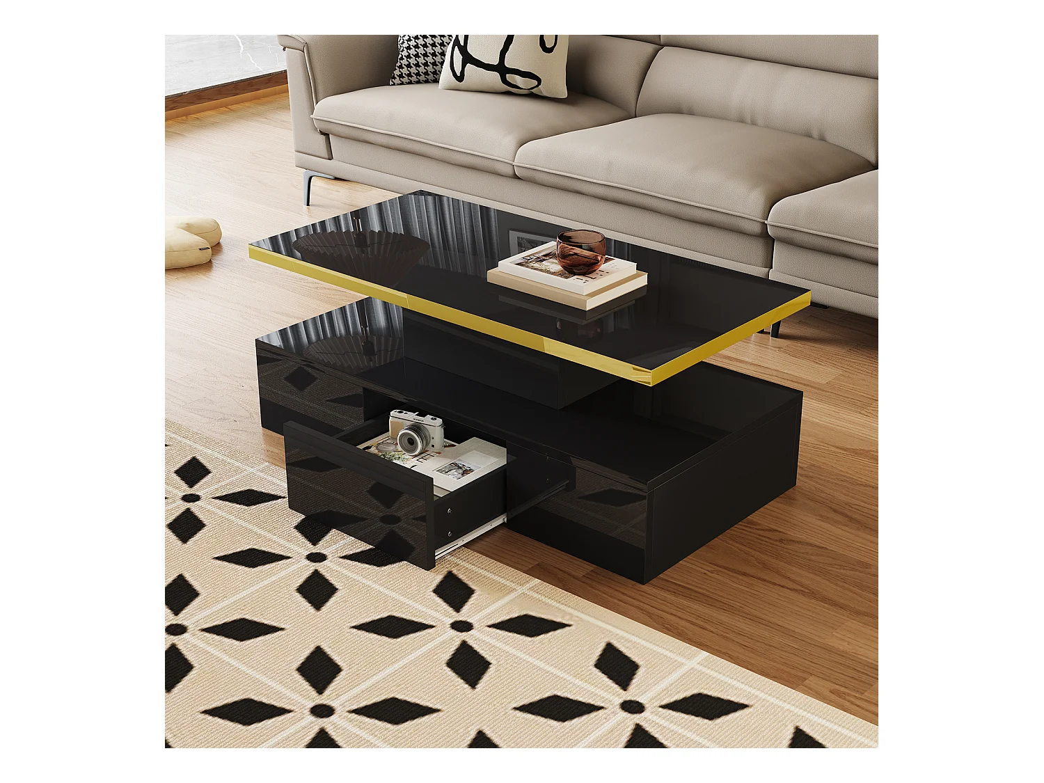 Table Basse avec éclairage LED , Table avec tiroirs, Table d'appoint avec Deux étagères , noir