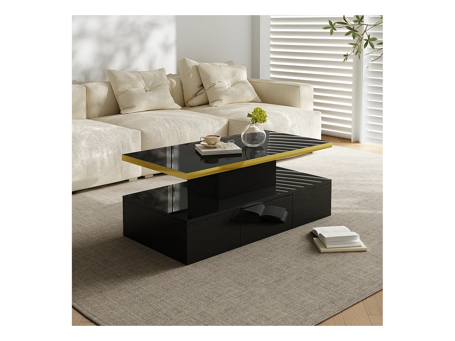 Mesa de centro con iluminación LED, mesa con cajones, mesa auxiliar con dos estantes, color negro