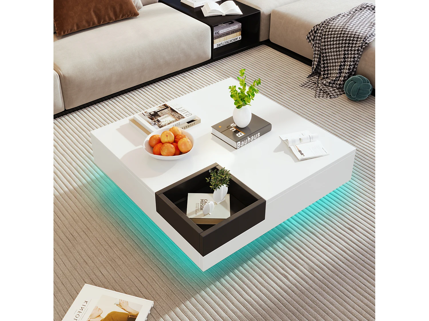 Table Basse Carrée Moderne Design avec Boîte de Rangement Amovible, Table d'appoint blanc&noir