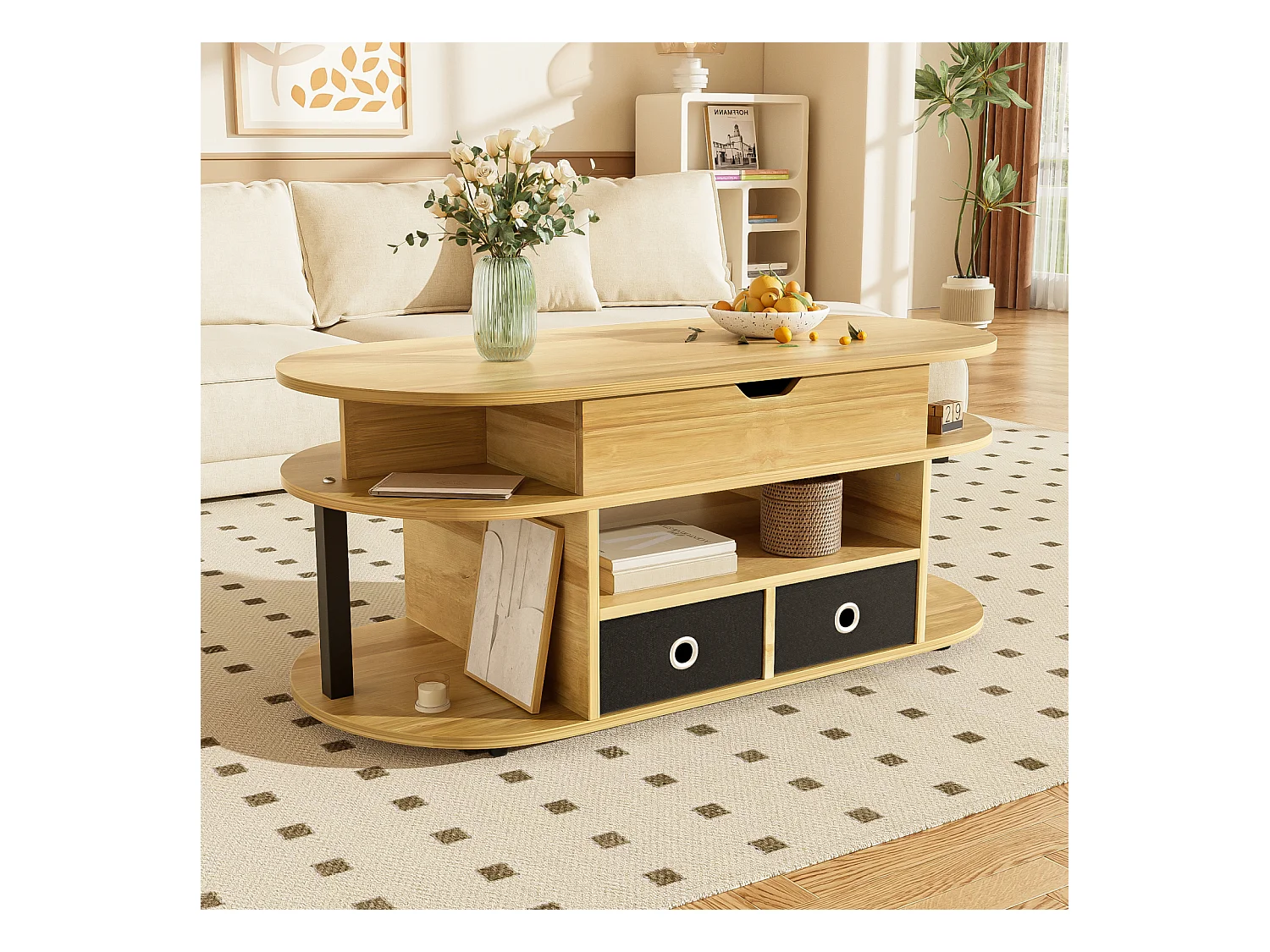 Table basse moderne en bois avec fonction relevable, rangement et tiroirs en tissu noir