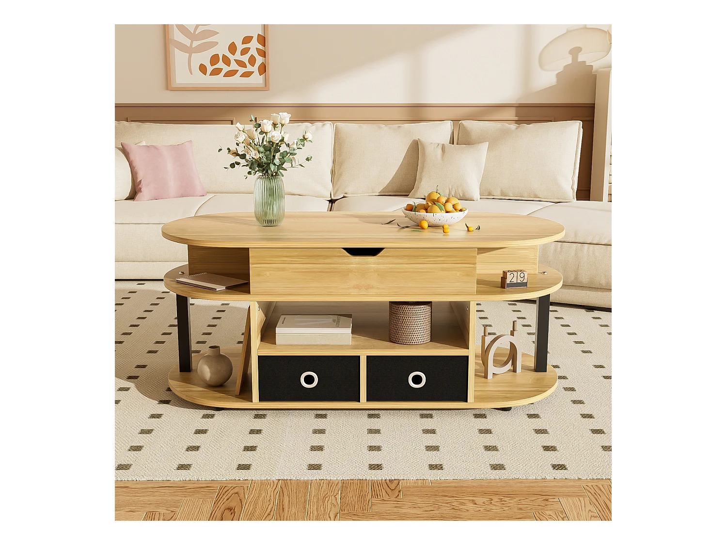Table basse moderne en bois avec fonction relevable, rangement et tiroirs en tissu noir