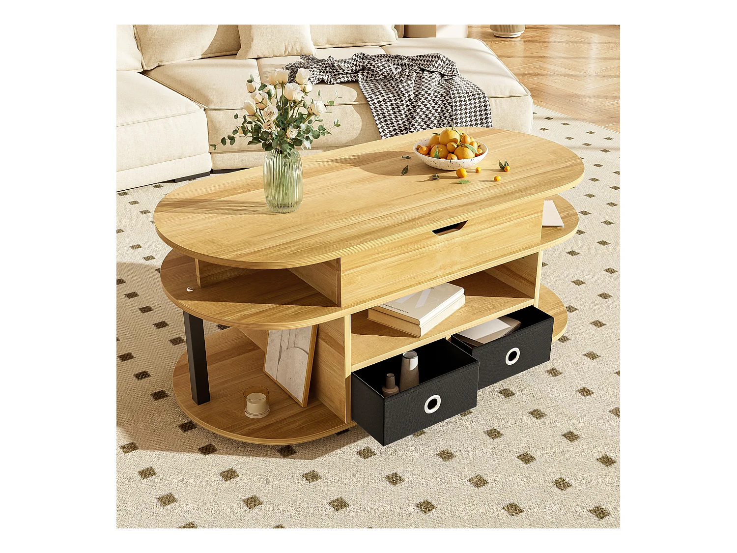 Table basse moderne en bois avec fonction relevable, rangement et tiroirs en tissu noir