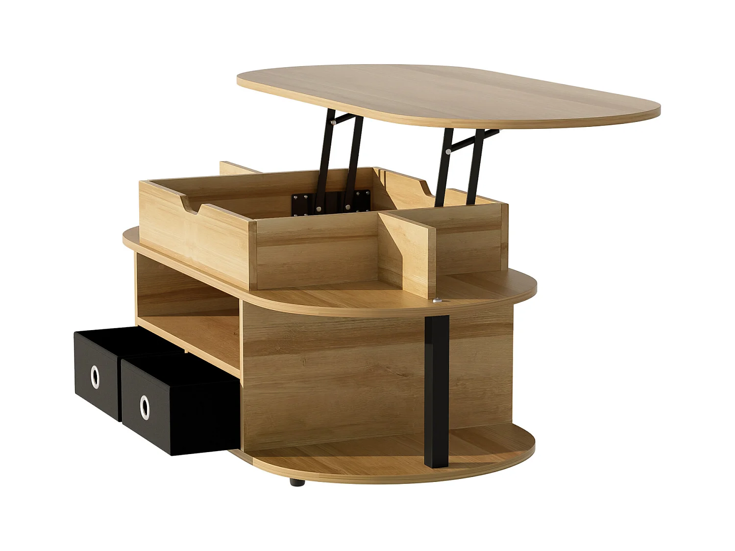 Table basse moderne en bois avec fonction relevable, rangement et tiroirs en tissu noir