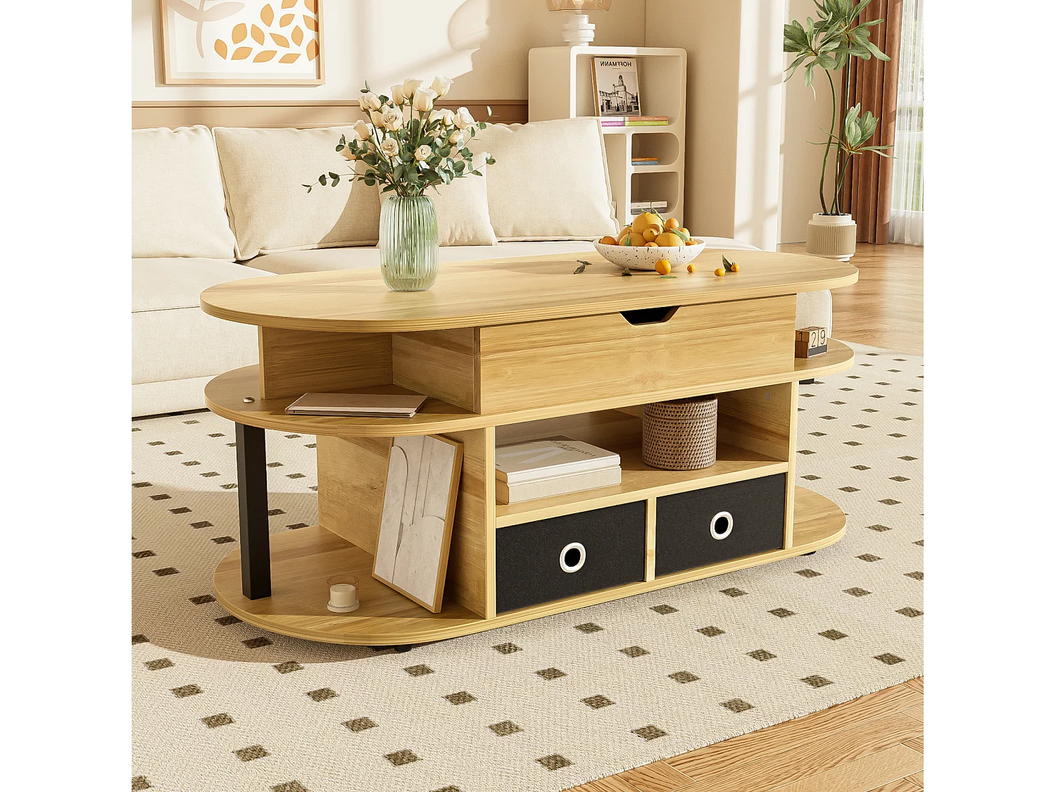 Mesa de centro moderna de madeira com função elevatória, armazenamento e gavetas em tecido preto