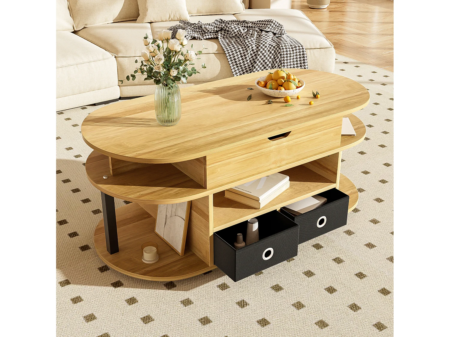 Mesa de centro moderna de madeira com função elevatória, armazenamento e gavetas em tecido preto
