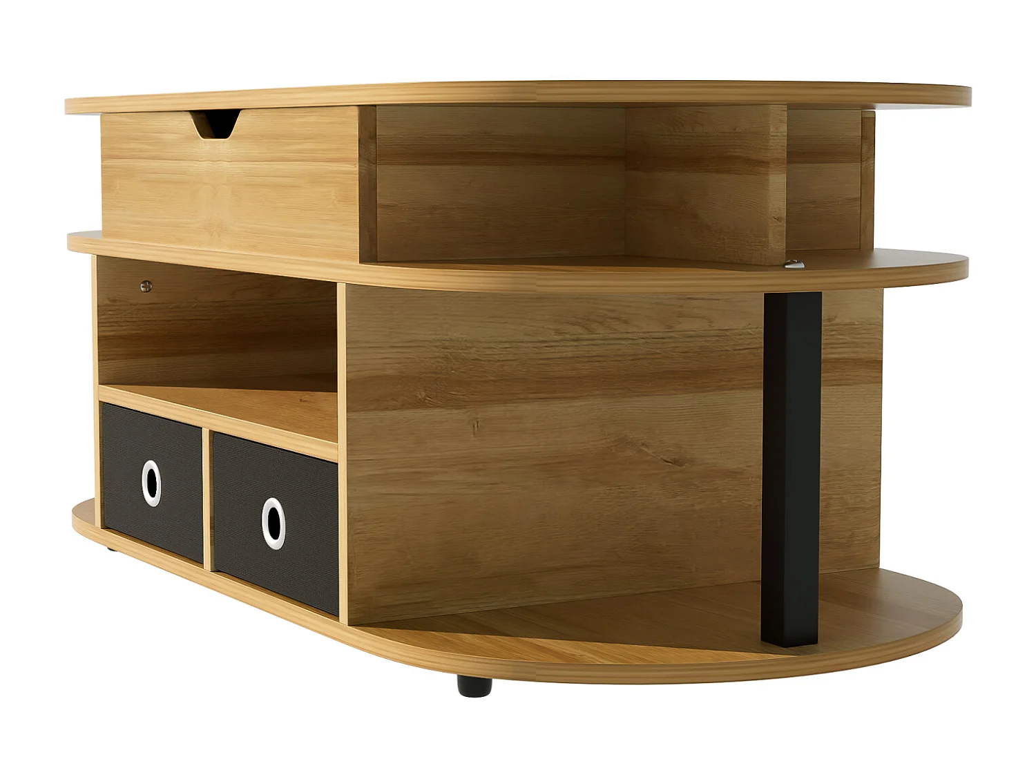 Mesa de centro moderna de madeira com função elevatória, armazenamento e gavetas em tecido preto