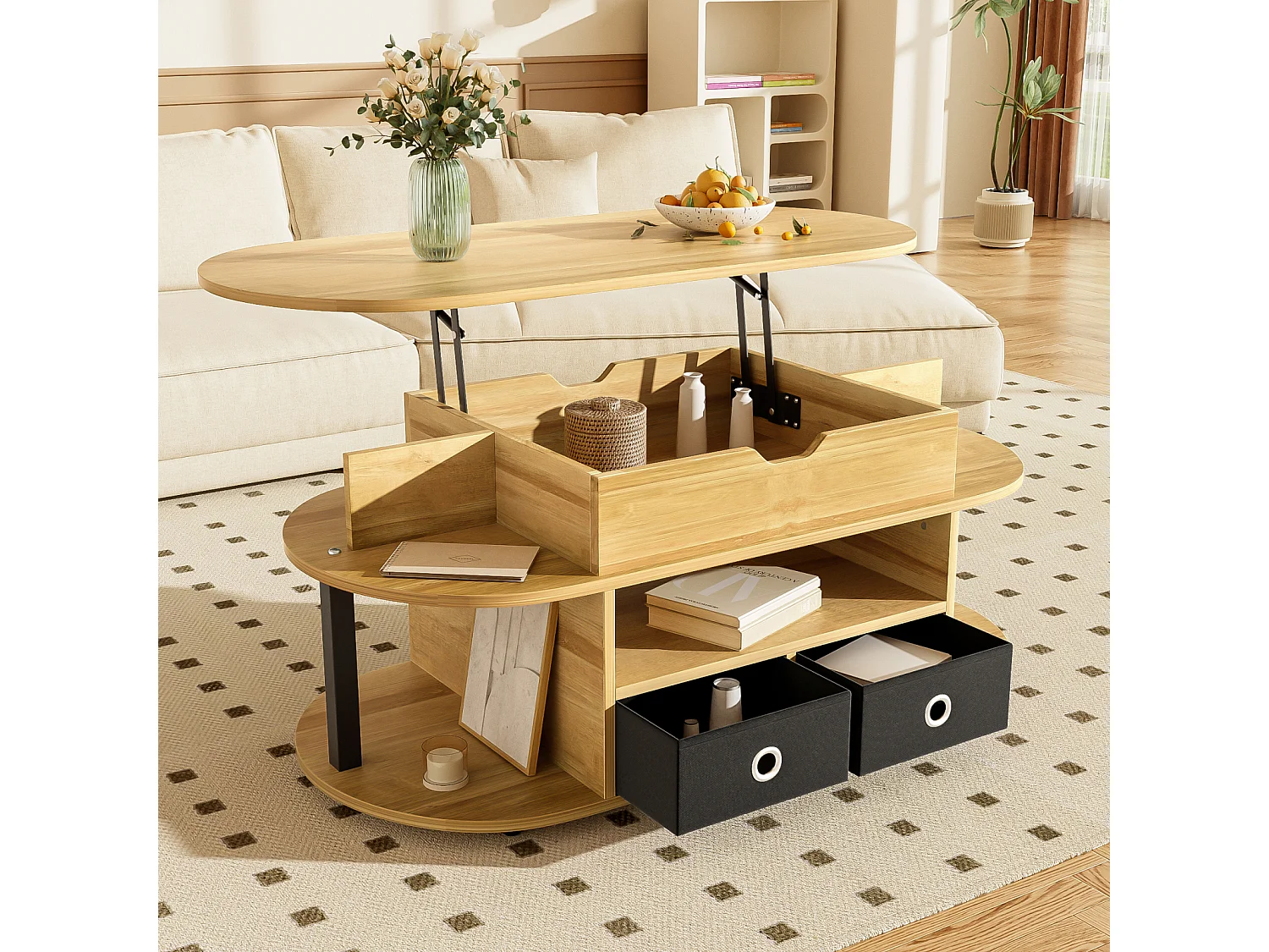 Tavolino da caffè moderno in legno con funzione di sollevamento del piano, spazio di archiviazione e 2 cassetti in tessuto nero