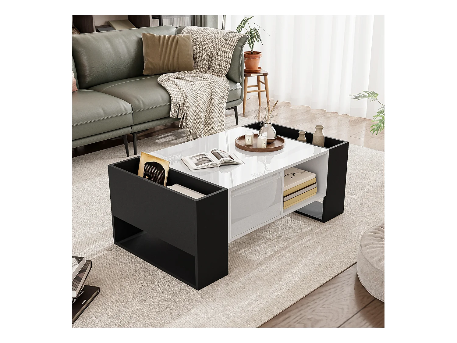 Table de salon avec tiroir, table basse avec espace de rangement, blanc et noir