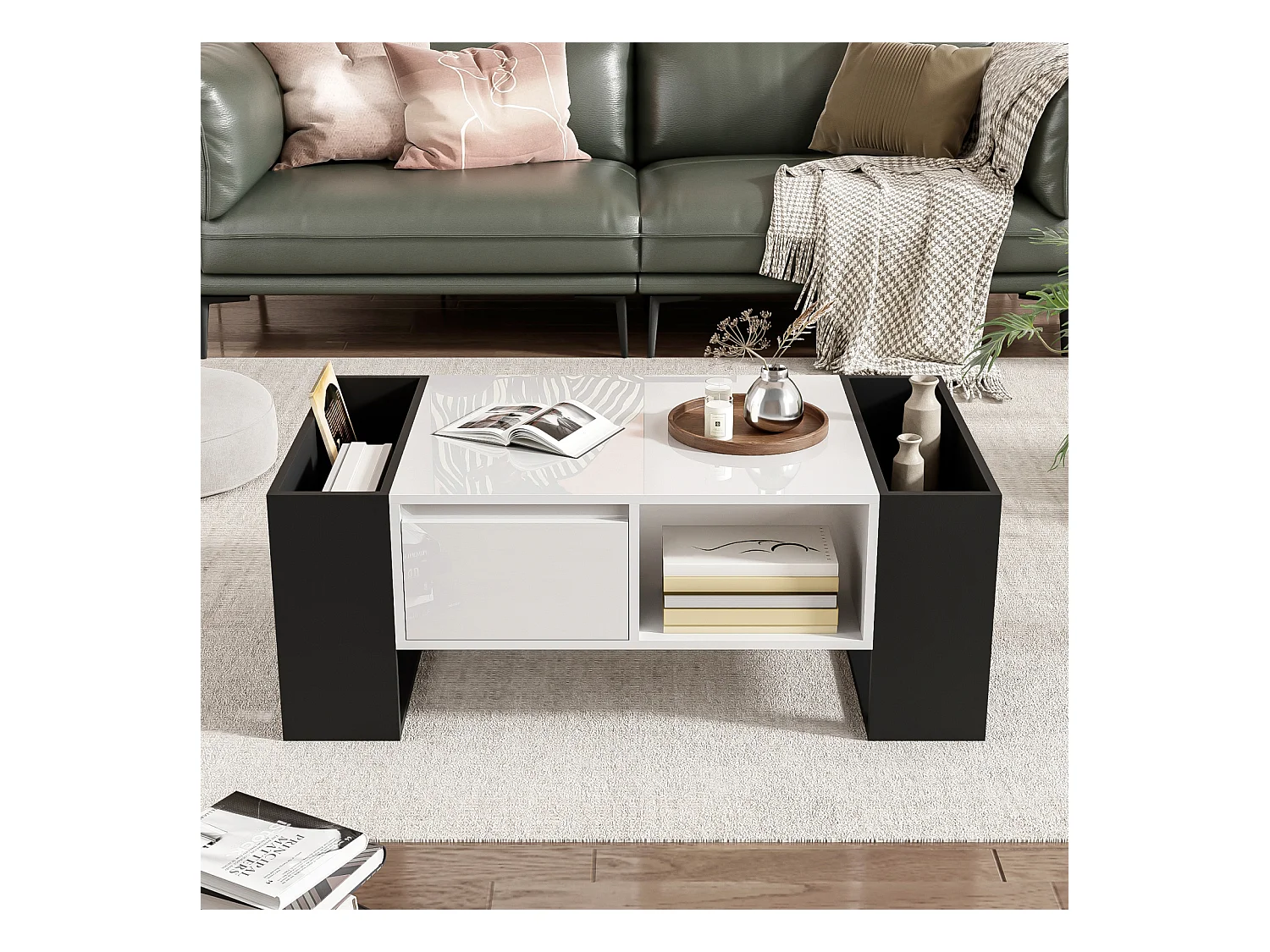 Table de salon avec tiroir, table basse avec espace de rangement, blanc et noir