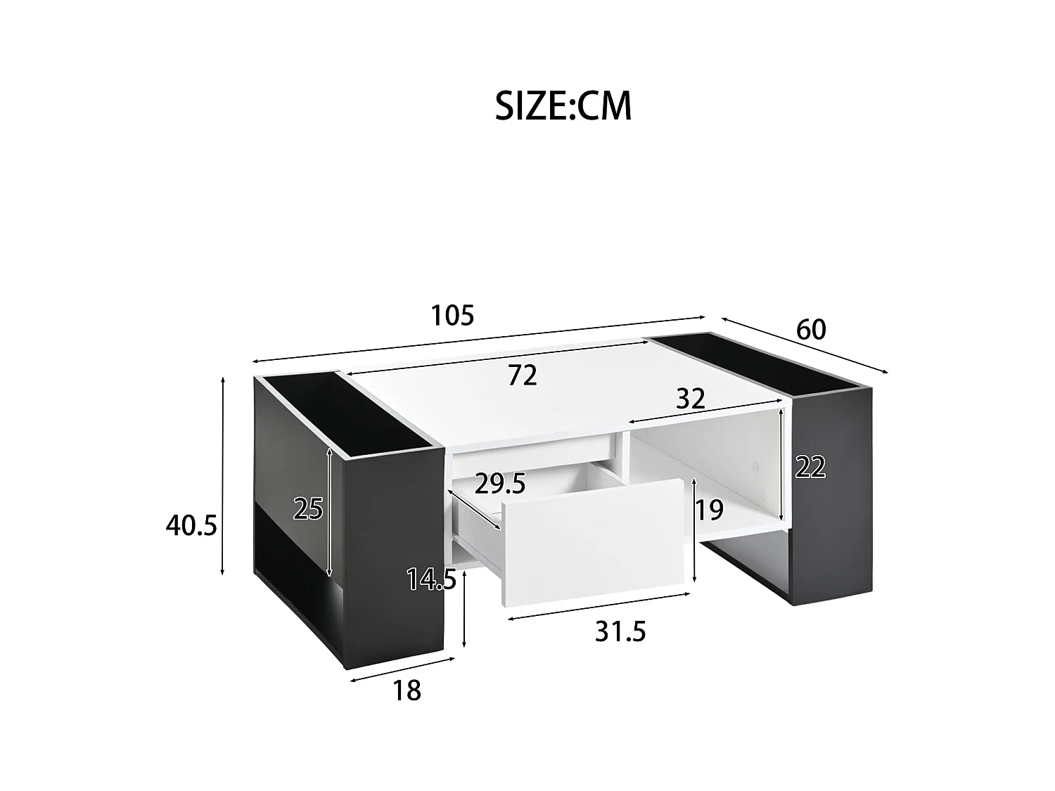 Table de salon avec tiroir, table basse avec espace de rangement, blanc et noir