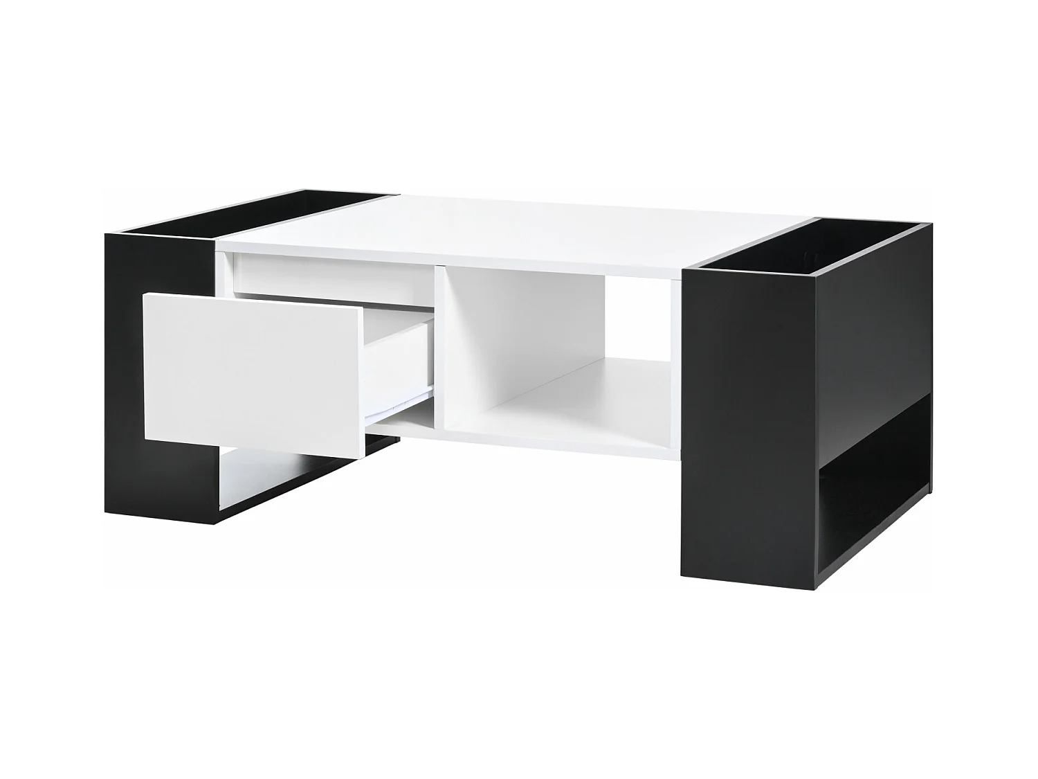 Table de salon avec tiroir, table basse avec espace de rangement, blanc et noir