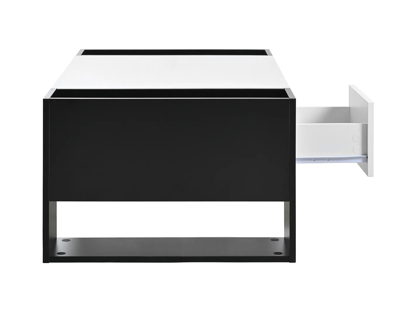 Table de salon avec tiroir, table basse avec espace de rangement, blanc et noir