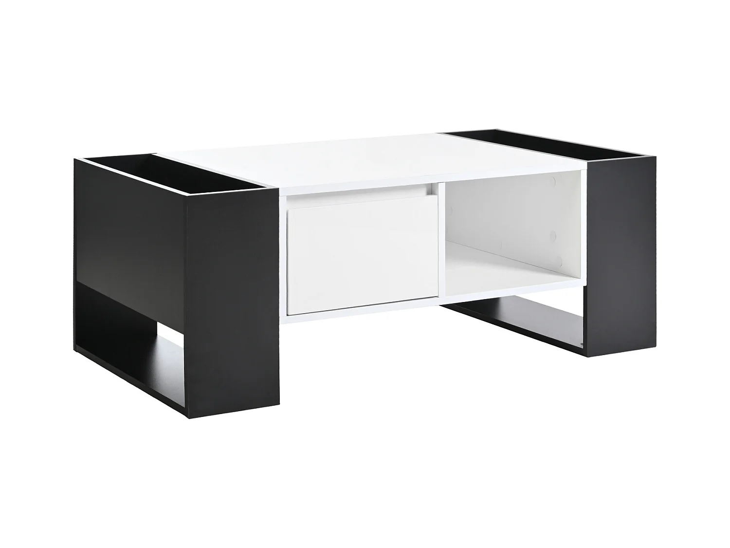 Table de salon avec tiroir, table basse avec espace de rangement, blanc et noir