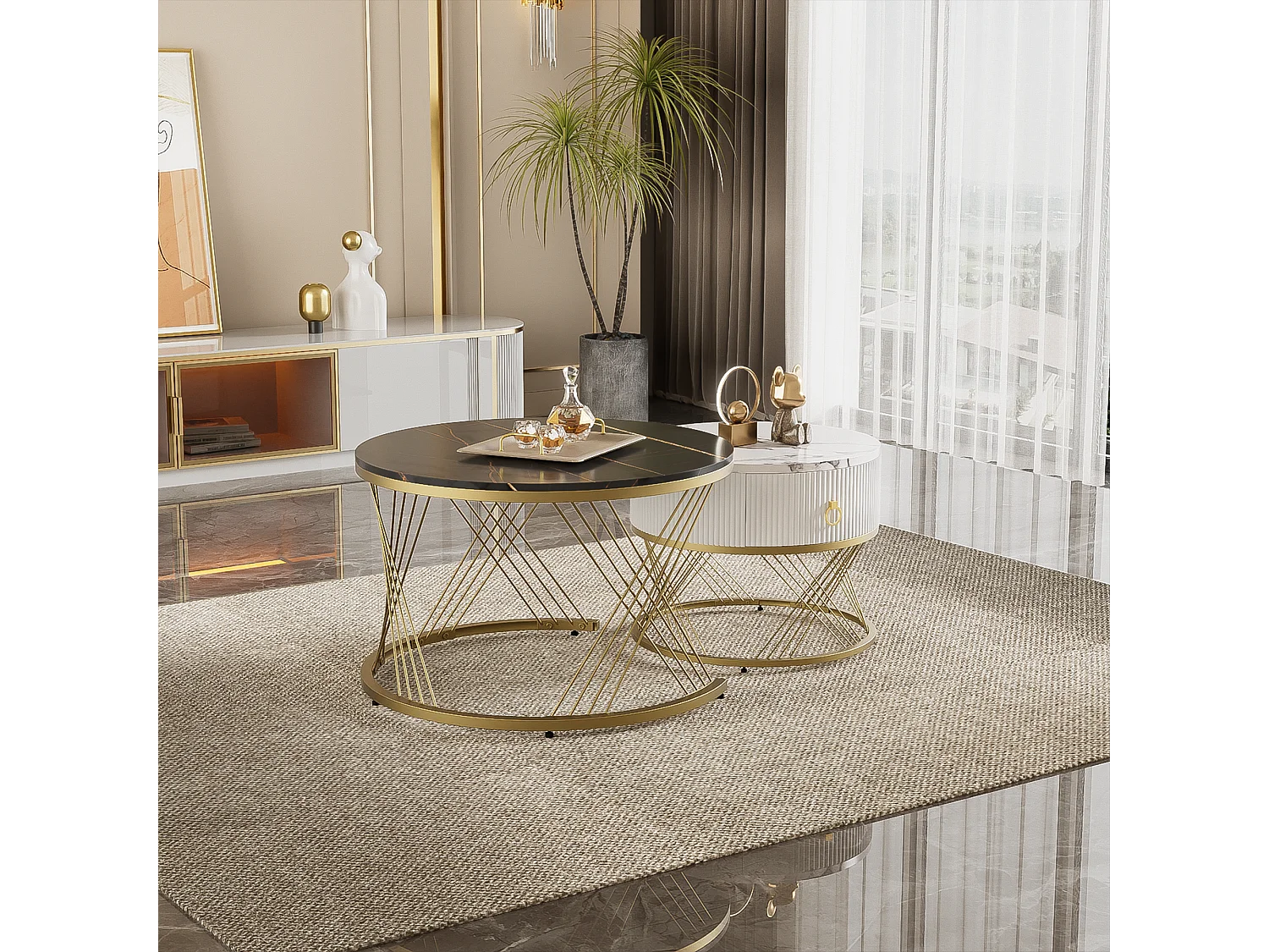 Set van 2 in elkaar passende salontafels, salontafel met lade, wit, wit & zwart