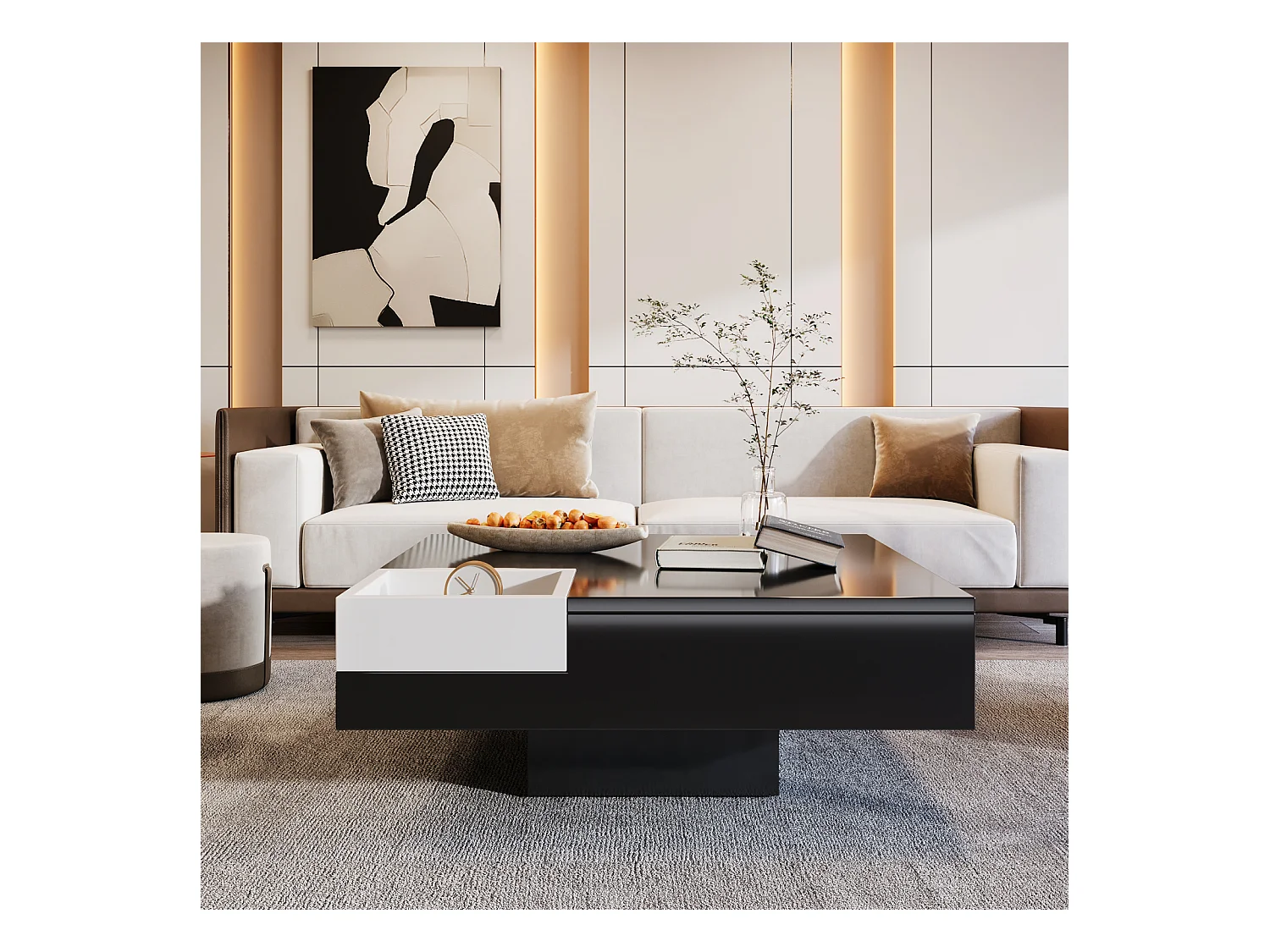 Mesa de centro brilhante com LED, mesa lateral com caixa de armazenamento removível, preto e branco