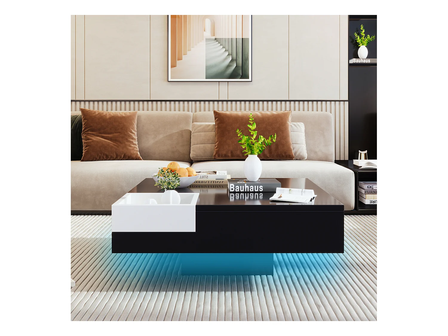 Mesa de centro brilhante com LED, mesa lateral com caixa de armazenamento removível, preto e branco