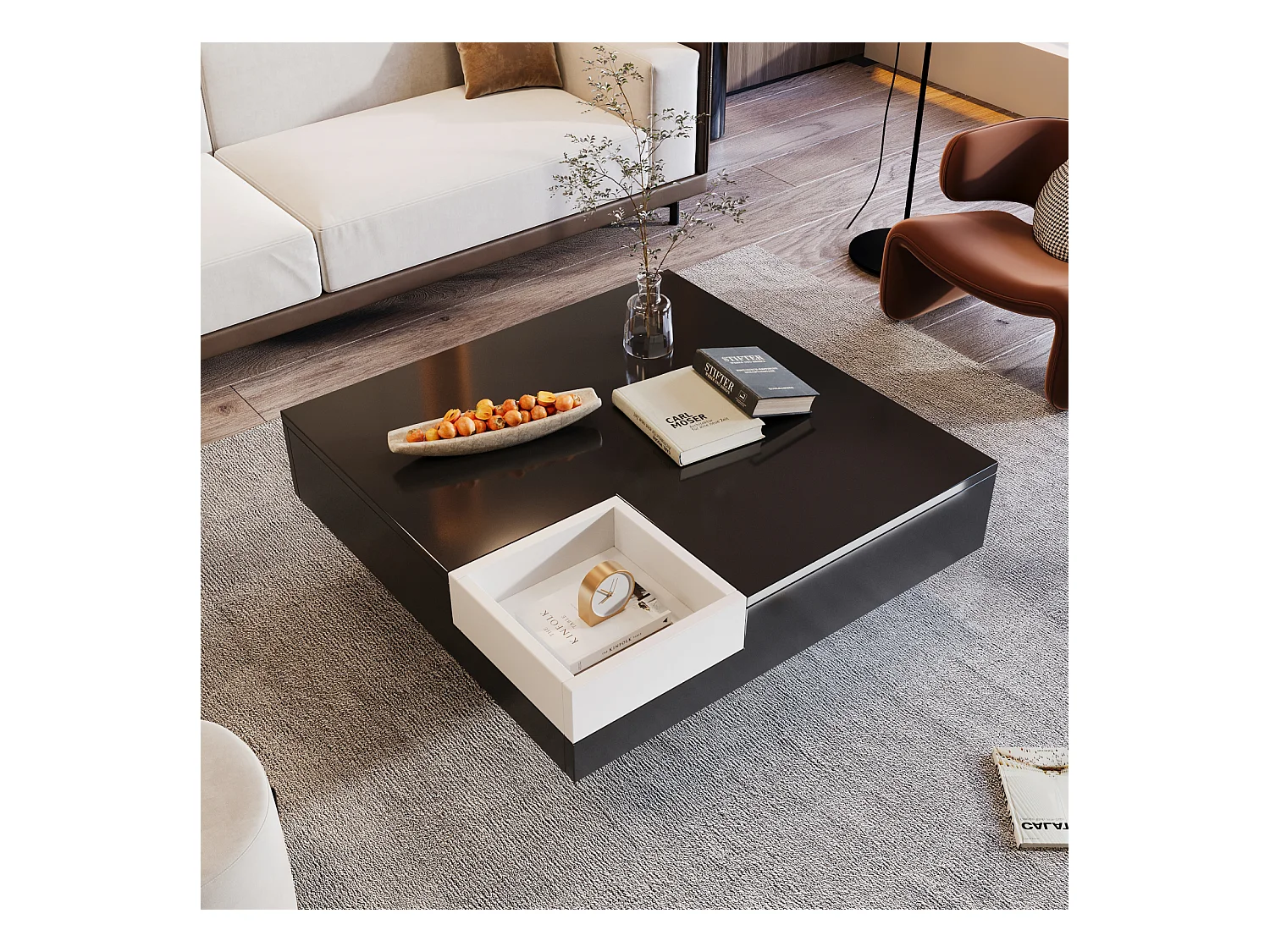 Mesa de centro brilhante com LED, mesa lateral com caixa de armazenamento removível, preto e branco