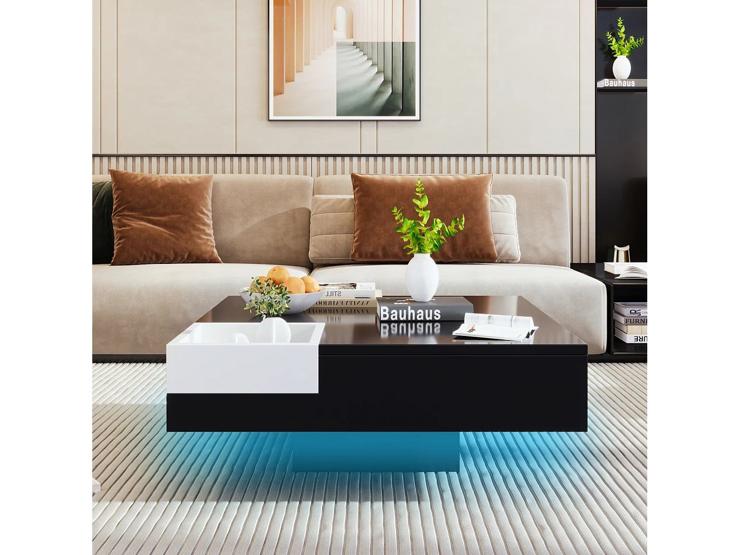 Glanzende salontafel met ledverlichting, bijzettafel met uitneembaar opbergvak, zwart + wit